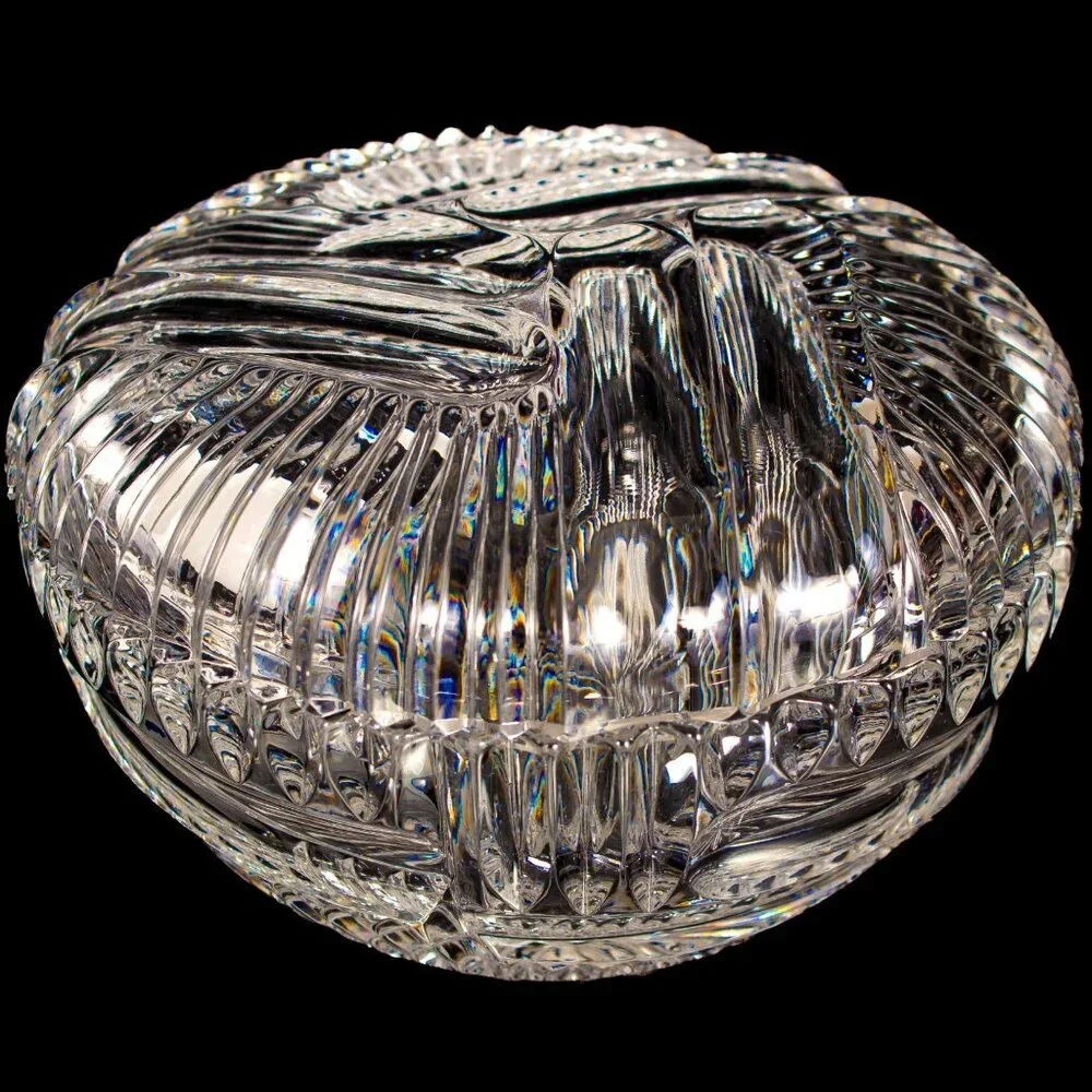 Vintage Bohemian Crystal Lidded Box Hand-Cut Design Clear Decorative Glass